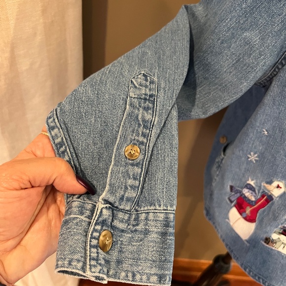 Vintage Christopher & Banks Embroidered Denim Snowman Button-up Shirt, Size Med - Picture 9 of 14